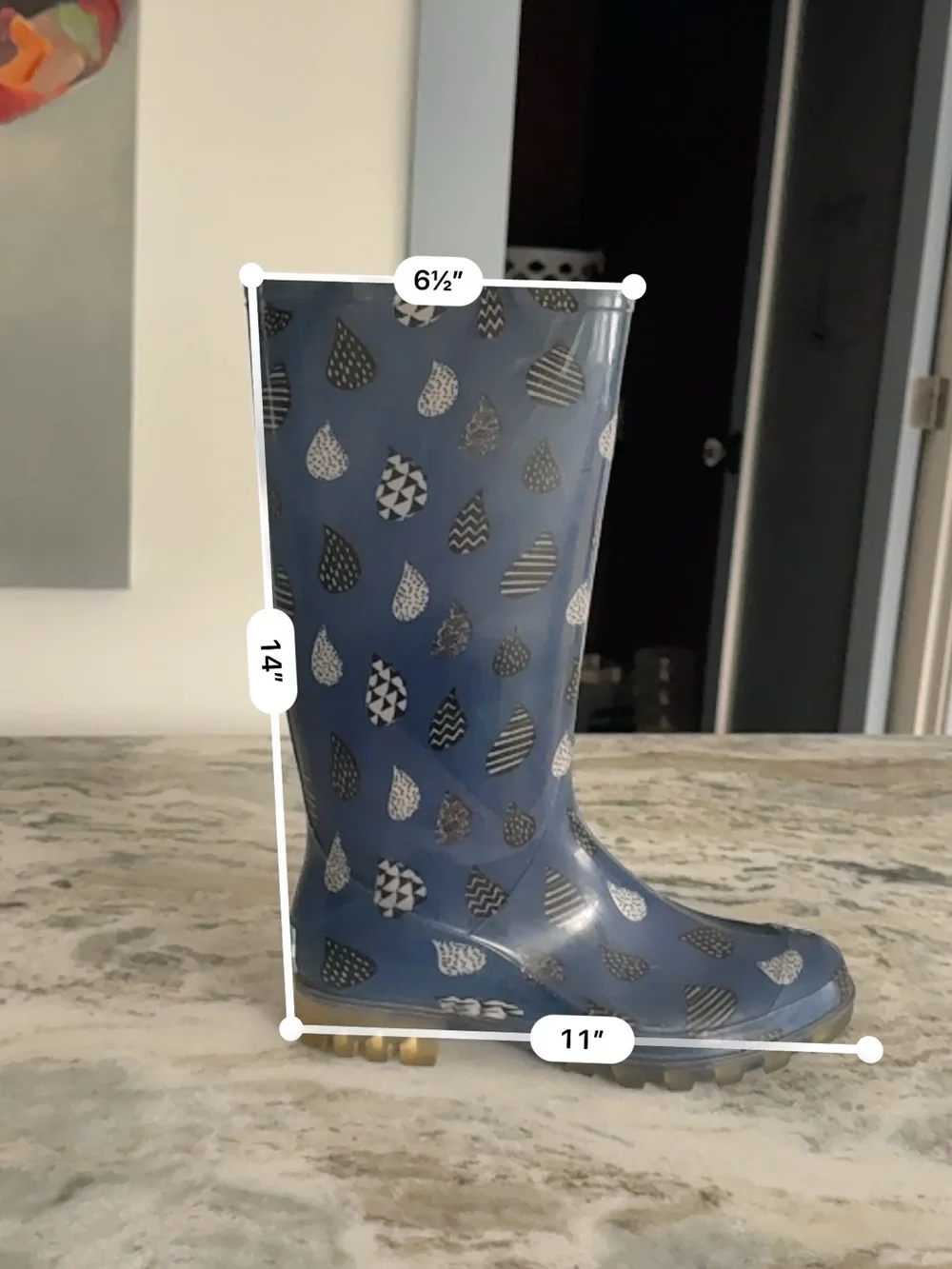 Toms Navy Rain Boots with Black & White Raindrop Print